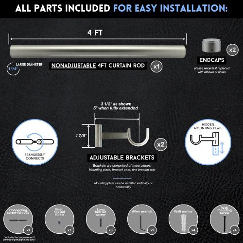 BlastHome® Non-Adjustable Luxury Curtain Rods for Windows, 1 ¼” Rod Set, 4 foot Fixed Length, Brushed Nickel