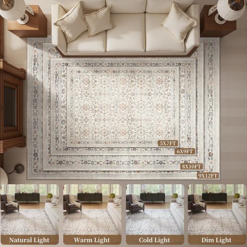 MontVoo-Vintage Area Rug 8X10 Color Beige for Living Room - Soft Distressed Printed Carpet for Bedroom - Non Slip, Machine Washable for Dining Room, Bedside, Office