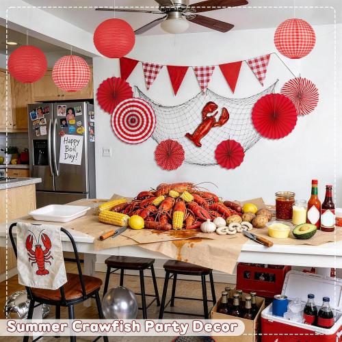 15 Pcs Red Gingham Party Decorations, 12 Inch Hanging Paper Lanterns and Fans for Picnic, BBQ, Pizza Party, Crawfish Boil, Birthday, Baby Shower, Graduation