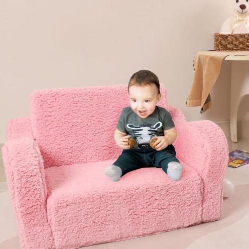 Kids Sofa, 2-in-1 Flip-Out Foam Couch with Soft Sherpa Cover, Cozy Play Lounge Chair, Pink