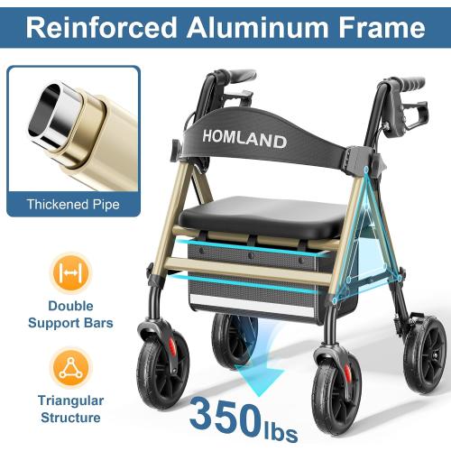 HOMLAND Foldable Walker for Seniors with Seat, 17lb Lightweight, Ergonomic | 350lb Capacity, 8 All-Terrain Wheels, Adjustable Height, Easy to Assemble, Lightweight Aluminum Frame, Champagne