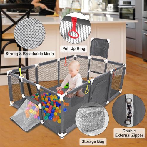 Large Baby Playpen 74''×50'', Play Pen Playards for Babies Toddlers, Ball Pit with Basketball Hoop & Soccer Nets, Kids Activity Fence Play Yard with Anti-Slip Base & Soft Breathable Mesh (Dark Grey)