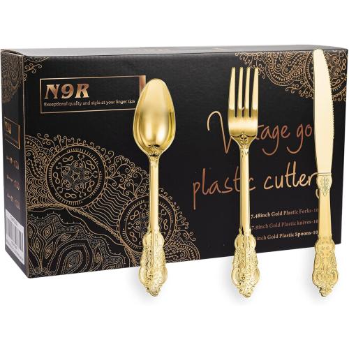 N9R 300pcs Gold Plastic Silverware Dinnerware Flatware- Heavyweight Plastic Cutlery Set, 100 Forks, 100 Spoons, 100 Knives, Gold Utensils for Party, Thanksgiving, Christmas