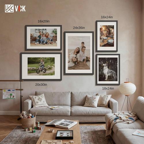 VCK 16x24 Picture Frame Black - 5 Pack, with Wood Grain Finish & Plexiglass, Displays 12x18 Photo with Mat or 16 x 24 Without, for Horizontal/Vertical Wall Hanging in Home, Office, or Gallery