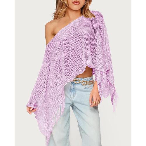 Womens Summer One Shoulder Knit Sheer Poncho Trendy Lightweight Boat Neck Fringe Pullover Sweaters
