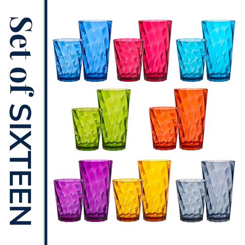 US Acrylic Optix Plastic Reusable Drinking Glasses (Set of 16) 14oz Rocks & 20oz Water Cups in Jewel Tone Colors | BPA-Free Tumblers, Made in USA | Top-Rack Dishwasher Safe