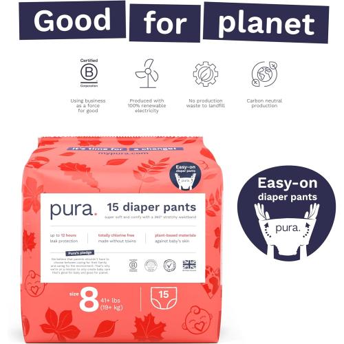 Pura Hypoallergenic Diaper Pants Size 8 (41  lbs) Overnight, up to 12 Hours Leak Protection, Suitable for Sensitive Skin, Totally Chlorine Free, Soft Organic Cotton, 3 Packs of 15 (45 Pull Up Pants)