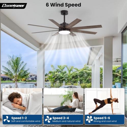 60 Inch Ceiling Fans with Lights and Remote, Dual Color 6 Blades, Bedroom Living Room Office Library Cafe Outdoor Industrial, 3CCT Dimmable, 6 Speed Reversible Quiet DC Motor, Brown/Wood Grain