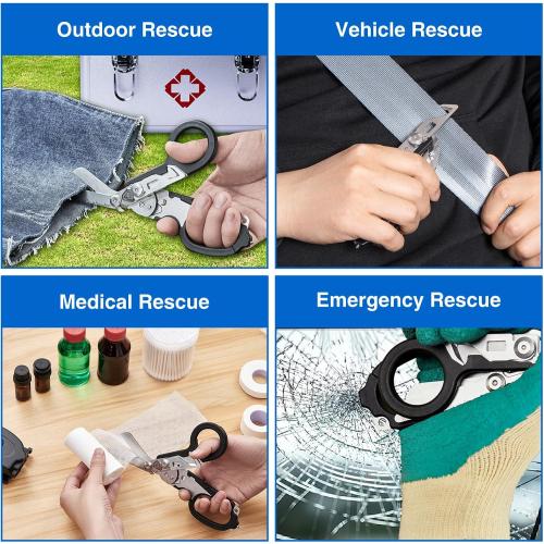 Heavy Duty 6 in 1 Multifunctional Trauma Shears Foldable | Stainless Steel emergency response scissors | Survival Shears with Holster | Medical Trauma shears Tactical With Strap Cutter | Black