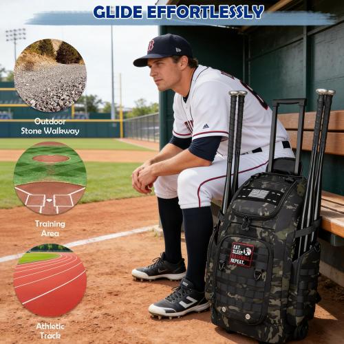 Rolling Baseball Bag with Wheels, Softball Catchers Gear Bags for 4 Bats, Portable Baseball Catcher Bag with Shoe Compartment, Holds All Softball Baseball Equipment