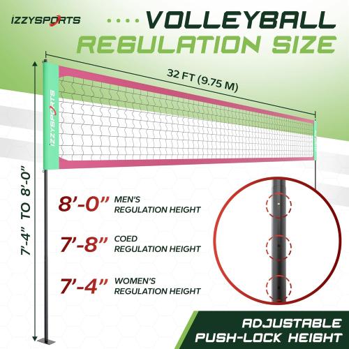 Red and Green Professional Volleyball Net Set, Easy Setup Regulation Net with Poles, Carrying Bag, Premium Ball, and More - Net for Backyard and Outdoor Beach Games