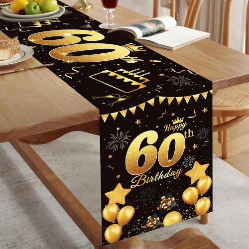 Happy 60th Birthday Table Runner Black Gold 72 Inch Long Celebrate 60th Birthday Table Runner for 60 Years Old Men Women Anniversary Party Decor Non-Slip Dining Table Linen Cloth Decorations