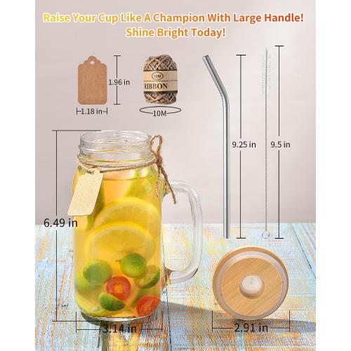 TANGLONG Mason Jar with Lid and Straw 24 oz Mason Jar Cups Set of 8 Glass Cups with Lids and Straws Mason Jars with Handle Drinking Glasses