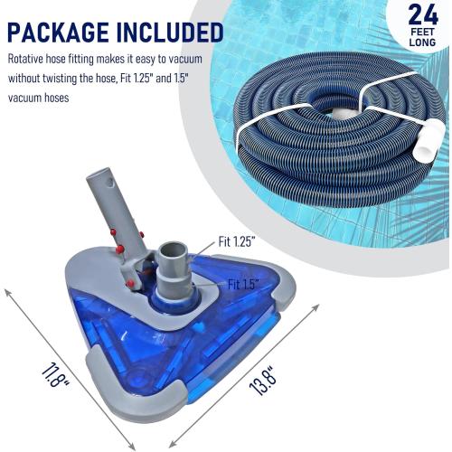 Size 1-1/2-Inch x 24-Feet Swimming Pool Vacuum Hoses with Swivel Cuff and Triangular Weighted Flex Vacuum Head, Perfect for Above Ground and Small Inground Pools