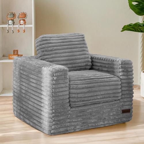 MAXYOYO Kids Bean Bag Chair, Comfy Faux Fur Bean Bag Sofa with Filler, Upholstered Floor Sofa with Pillows and Armrests, Lazy Floor Chair Couch for Boys and Girls, Grey