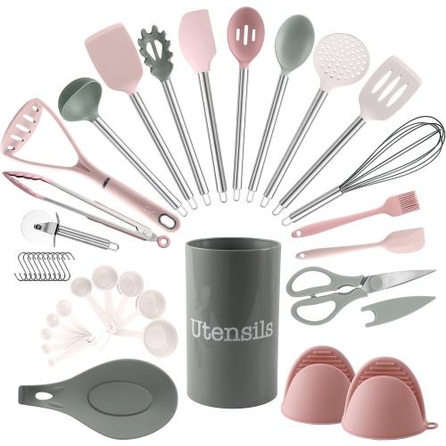COOK WITH COLOR Silicone Cooking Utensils, Kitchen Utensil Set, Easy to Clean Silicone Kitchen Utensils, Cooking Utensils for Nonstick Cookware, Kitchen Gadgets Set, 38 Piece, Mint