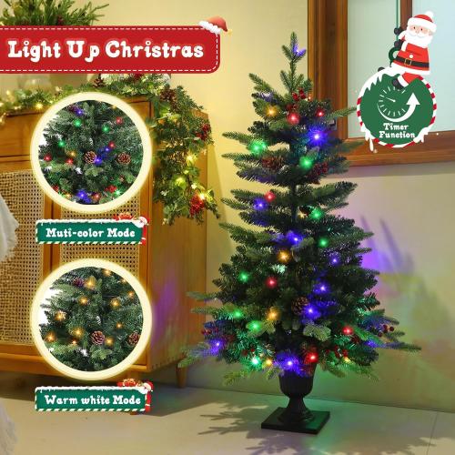 JOYHALO 2Pcs Set 4FT Outdoor Christmas Trees for Porch with 60 Remote Controlled Warm White and Multicolor LED Lights, Pre-lit Potted Christmas Tree with PVC&PE Branches