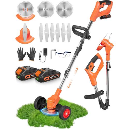 21V Cordless Weed Wacker, Lightweight 3-in-1 Grass Trimmer/Brush Cutter/Edger, Battery Powered Weed Eater with 2×2.0Ah Batteries, Foldable Electric Lawn Mower, 2 Types Blade & Wheels for Garden Yard