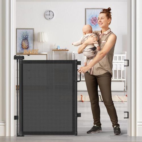 Retractable Baby Gates 2 Pack, 55 Wide Mesh Dog Gate Indoor, 34 Tall Gate for Stairs Doorways Hallways Deck, Child Pet Safety Gate for Indoor Outdoor Home Use, Black