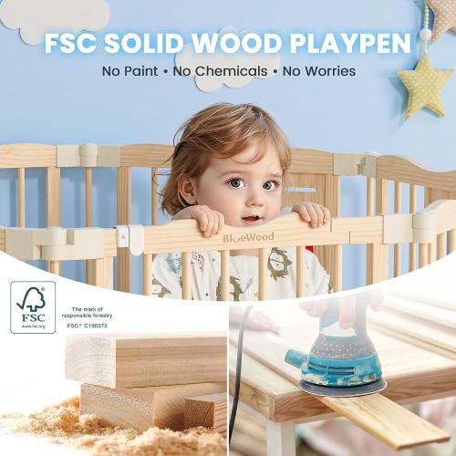Foldable Wooden Playpen, 55 x 55 x 24 inches, Animal Bus, Natural | Adjustable Wood Baby Play Yard with Child-Proof Lock, Indoor Large Safety Fence for Babies and Toddlers, Easy Assembly
