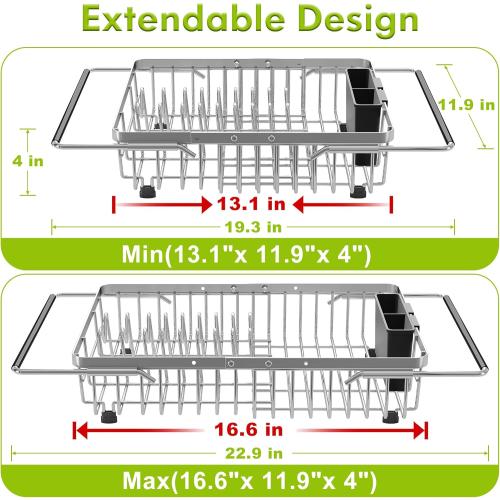 JASIWAY Dish Drying Rack in Sink, Expandable Stainless Steel Dish Drainer for Kitchen Sink, Dish Strainer Rack, Retractable Over Sink Dish Rack with Utensil Holder, 13.1''~16.6''D x 11.8''W, Silver
