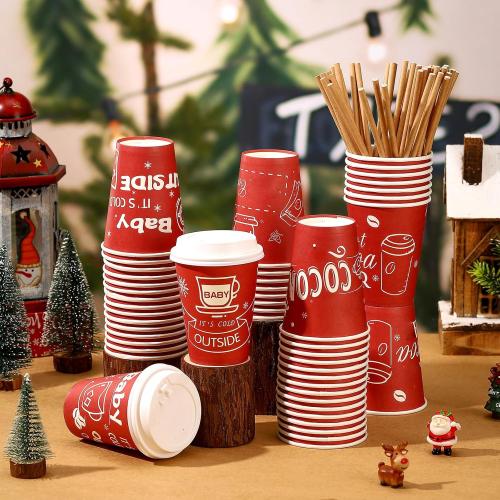 48 Pcs 9 oz Hot Cocoa Bar Disposable Coffee Cups Christmas It's Cold Outside Tea Paper Cup with Lid and Straw for Christmas Baby Shower Party Supplies(Red)