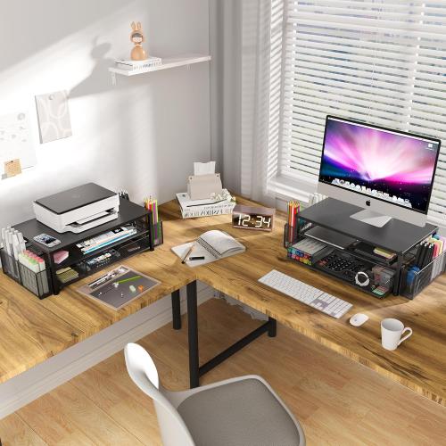 OPNICE Desk Organizer and Accessories, 2-Tier Computer Monitor Stand Riser with Drawer and 2 Pen Holders, Laptop Stand, Office Desk Accessories for Office Supplies, Black