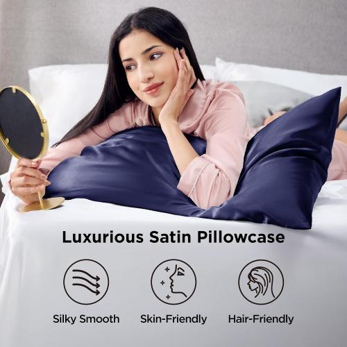 Bedsure Satin Pillowcase 2 Pack Similar to Silk Pillow Cases Standard Size, Pillow Case for Sleeping Women with Envelope Closure, Gifts for Women Men, Navy, 20x26 Inches, 2pcs