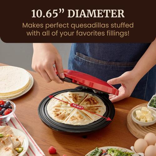Elite Gourmet 10.65 Cheesy Quesadilla Maker, 2-Position Locking Latch, Red