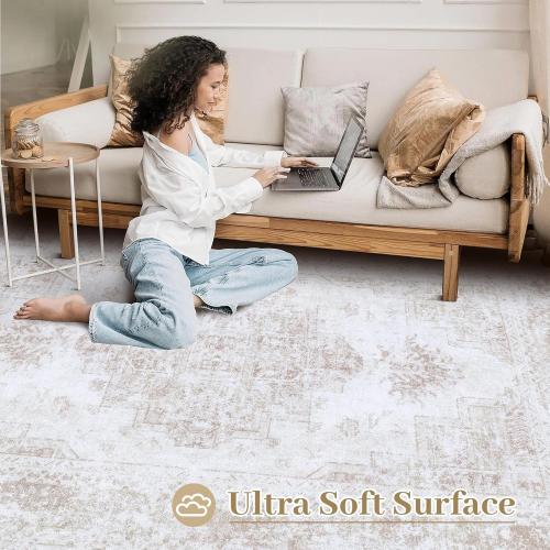 Area Rug Living Room Rug, Machine Washable Vintage Distressed Medallion Rug Non-Slip Soft Low Pile Large Indoor Rugs for Bedroom Kitchen Dining Room Office(stone grey/ beige)