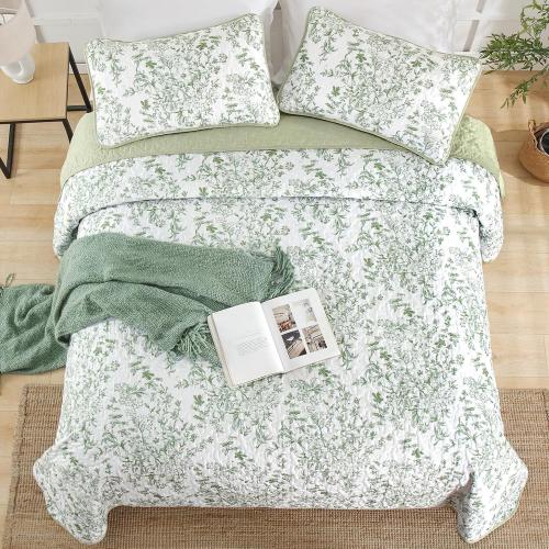 WONGS BEDDING Botanical King Size Quilt, 3 Pieces Bedspread Set, Sage Green | Floral Printed, Microfiber Coverlet, Breathable All-Season, Fits King 110x90, Perfect for Bedroom Guest Room Home Decor