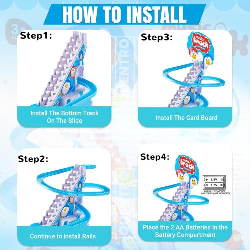 QUENTRO Penguin Slide Toy Set – Stair Climbing Roller Coaster with Sliding Tracks, 9 Racing Penguins & 3-Speed Switch – Lights, Music & Quiet Mode – Educational Playset for Kids & Toddlers