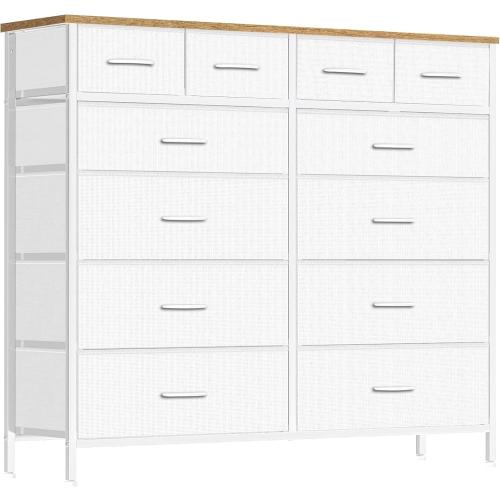 VASICAR Compact 12 Drawers Dresser for Bedroom, Fabric Storage Tower, Chest of Drawers with Retro Wood Top for Closet, Nursery, Living Room