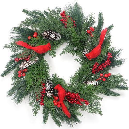 New Years Eve Party Supplies 2025, Large 24 Inch Wreaths Red Cardinal Ornaments Décor Gift with Pine Cones Needles Cypress Leaves Xmas New Year Home Indoor Tree Decor Christmas Decorations