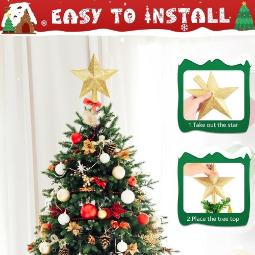 Glitter Christmas Star Tree Topper for Holiday Decorations, Christmas Tree Decoration for Holiday Ornament and Home Decor, Shatterproof Tree Toppers for Party Indoor ＆ Outdoor-Gold 4 inch