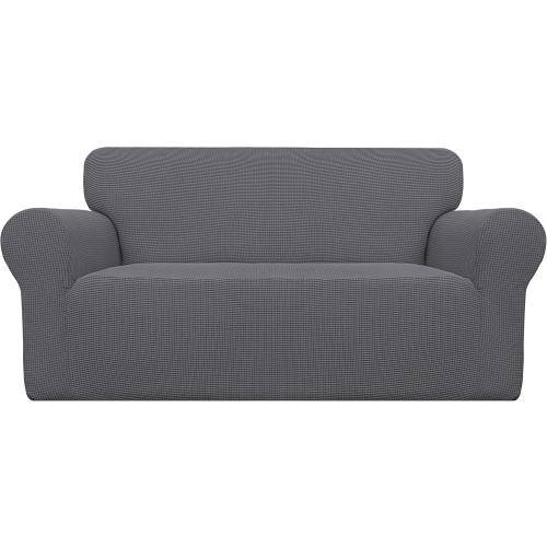 Easy-Going Stretch Loveseat Slipcover 1-Piece Sofa Cover Furniture Protector Couch Soft with Elastic Bottom for Kids Polyester Spandex Jacquard Fabric Small Checks (Loveseat, Grey)