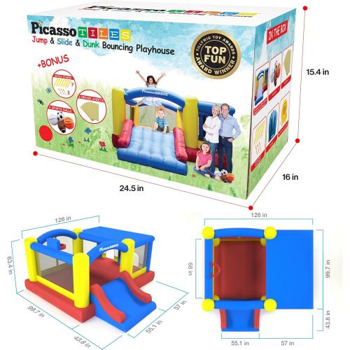 [Upgrade Version] PicassoTiles KC102 12x10 Foot Inflatable Bouncer Jumping Bouncing House, Jump Slide, Dunk Playhouse w/Basketball Rim, 4 Sports Balls, Full-Size Entry, 580W ETL Certified Blower‼️light dirt‼️