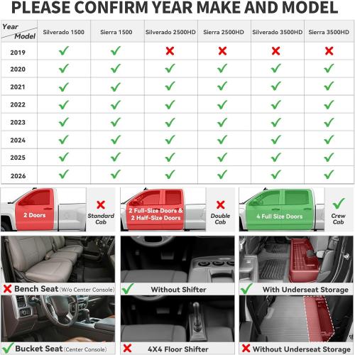 YITAMOTOR Floor Mats for 2019-2026 Chevrolet Silverado/GMC Sierra 1500 & 2020-2026 Chevy Silverado/GMC Sierra 2500HD/3500HD Crew Cab With Underseat Storage Box Bucket Seat, 1st & 2nd Row, Black