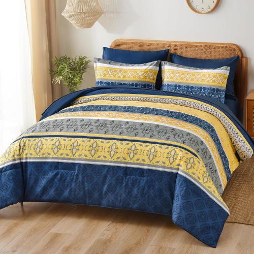 WONGS BEDDING Boho Comforters Set Queen, 7 Pieces Navy Blue and Yellow Comforter Sets Bohemian Bed in a Bag Striped Comforter Set Soft Microfiber Paisley Floral Comforter and Sheet Set for All Season