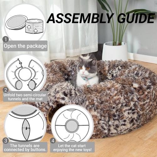 LUCKITTY Warm Fluffy Plush Cat Tunnel Bed with Washable Cushion- Big Tube Playground Toys 3 FT Diameter Collapsible, for Indoor Cat Kitty Kitten Puppy Rabbit Ferret Leopard Print