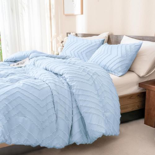 Andency Light Blue Comforter Set Full Size, Boho Soft Warm Tufted Neutral Bedding Comforter Sets for Full Bed, Aesthetic Chevron Cute Bohemian Textured Bedding Set
