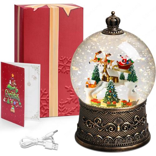 Snow Globe Christmas Decorations for Home Auto Snowfall Glitter Music Collection Santa Reindeer Train Snowy Village Scene with 6H Timer USB/Battery Powered 105mm Globe