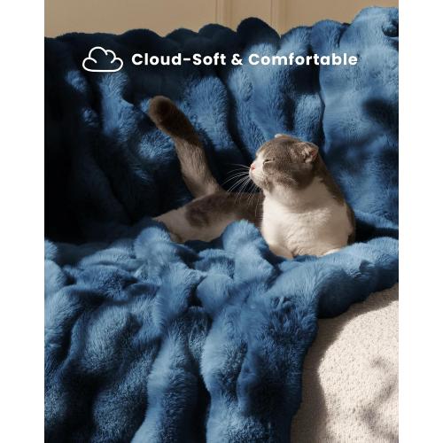 Ultra Soft Cozy Faux Fur Throw Blanket, Fuzzy Plush Thick Bubble Blanket, Oversize Luxury Fluffy Blanket for Couch, Bed, and Living Room, 60x80 Inches, Blue