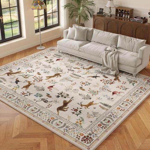 Living Room Rug 5x7 Rug Machine Washable Boho Area Rug Non Slip Floral Animal Vintage Low Pile Large Rugs for Living Room, Bedroom, Farmhouse, Dining Room, Kids Playroom (Beige)
