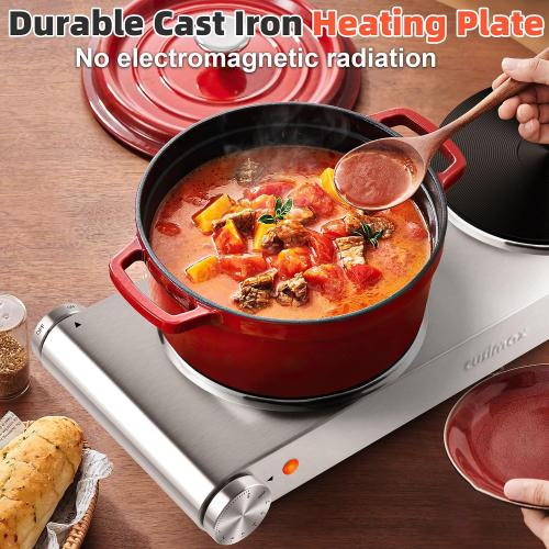 CUSIMAX Electric Hot Plate, 1800W Double Burner, Cast Iron Countertop Stove | Hot Plates for Cooking, Portable Countertop Cooktop, Works with All Cookware, Stainless Steel, Easy Cleanup,Upgraded Version