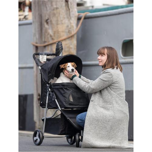 TRIXIE Foldable Pet Stroller for Cats and Dogs, Pet Carrier Strolling Cart with Weather Cover, Storage Basket, Cup Holder, Black