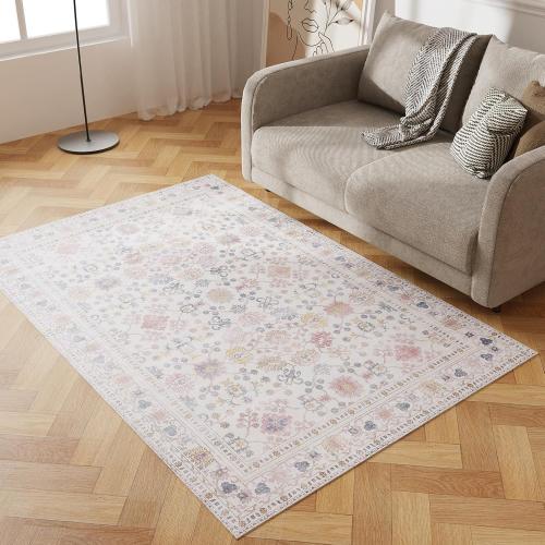 4x6 Durable Vinyl Rugs for Living Room, Vintage Floral Pattern for Dining Room, Bedroom, Home Office, Bobo Beige Non-Slip Large Rugs for Indoor&Outdoor RV, Deck, Backyard, Balcony, Modern Home Decor