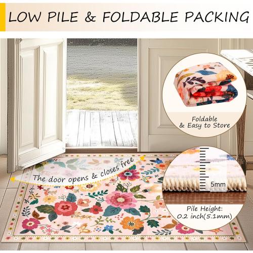 Floral Nursery 8x10 Area Rugs Washable Print Boho Cute Carpet Non Slip Flower Low Pile for Living Room Kids Girls Playroom Bedroom Kitchen Office Farmhouse-Pink