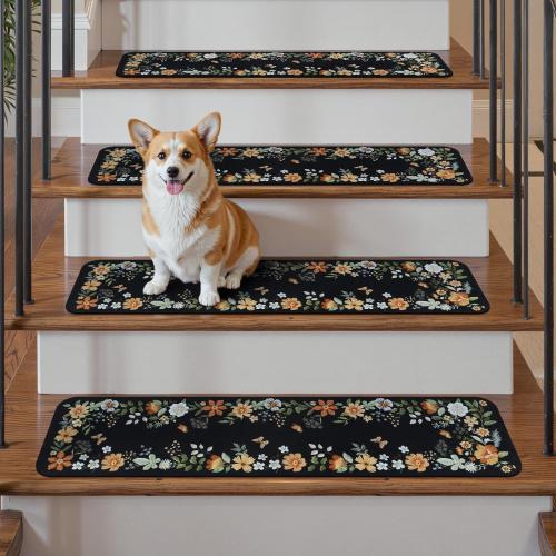 OJIA Floral Stair Treads Non-Slip Carpet Stair Treads for Wooden Steps Indoor 15PCS 30x8 Stair Runner Stair Mats Staircase Step Treads for Kids, Elders and Dogs, Stair Covers, Black