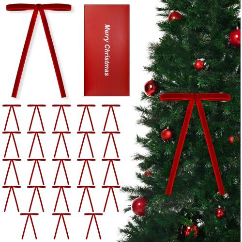 24 PCS Velvet Christmas Tree Bows，Christmas Wreath Bows,Rustic Crafts Gift Bows for Christmas Tree Indoor Outdoor Decoration(3/8'' Wide, 5 * 7 inch) (Red)